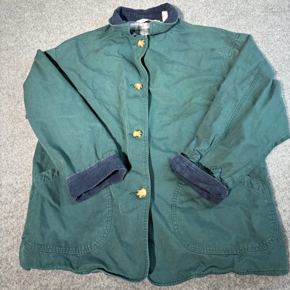 Vintage Cherokee Jacket Mens Large Green Corduroy Collar Plaid Lined Button Coat